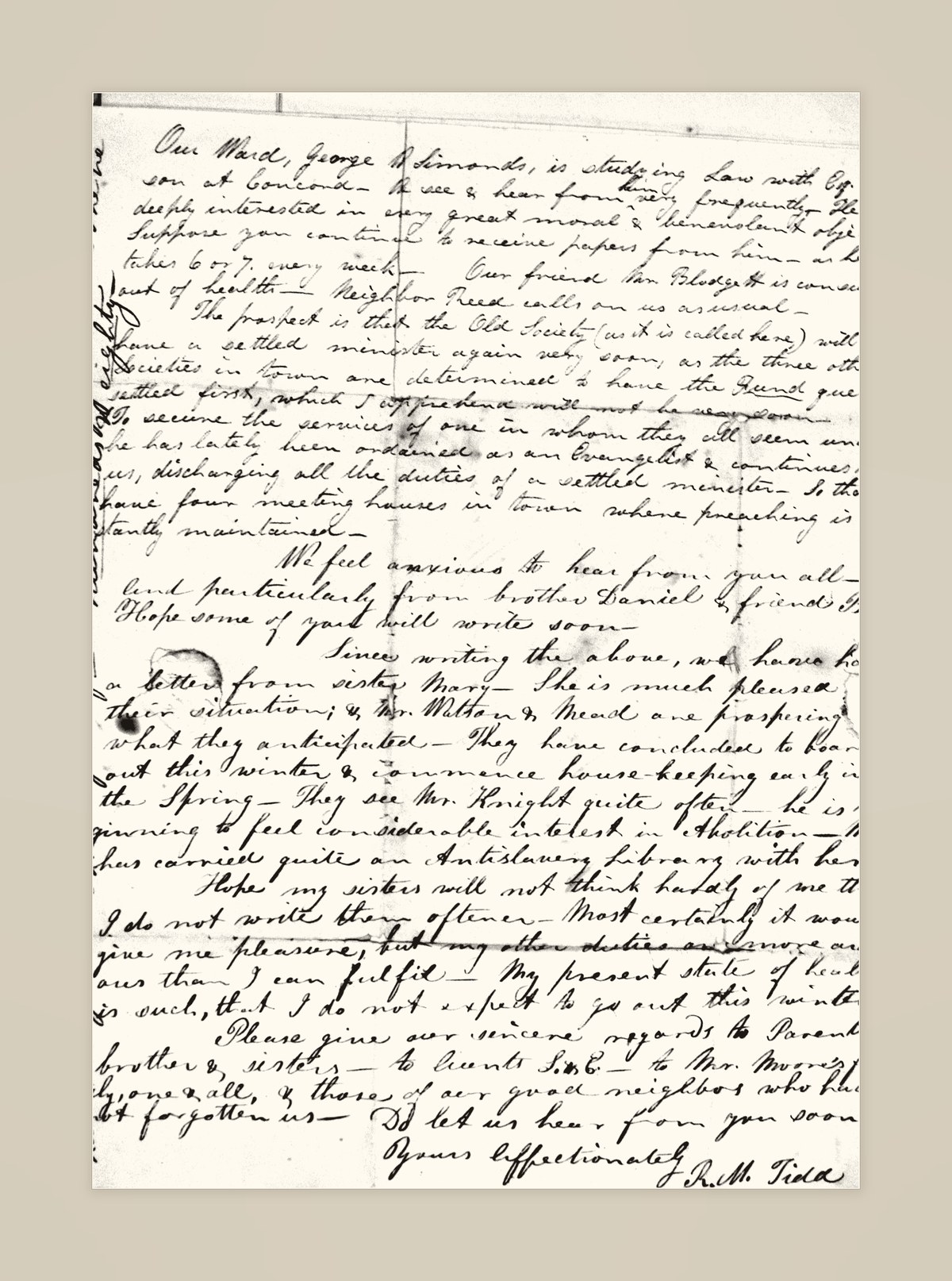 The 1840 letter, page 3, signed R. M. Tidd