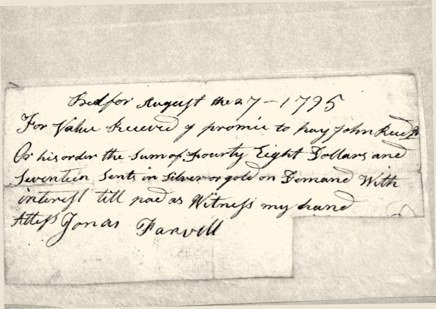 A handwritten 1795 promissory note