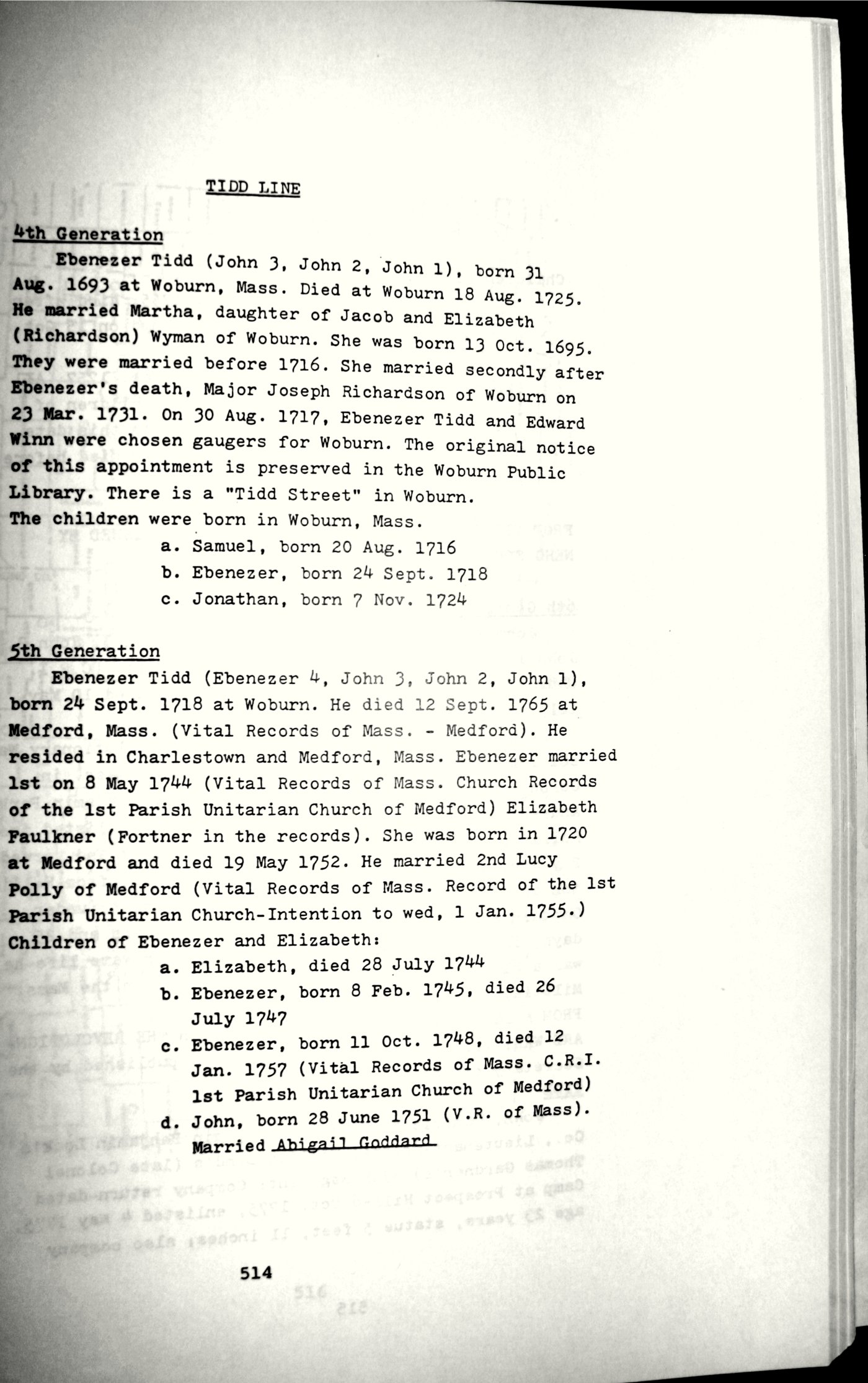 TIDD LINE typescript, page 514, fourth and fifth generations