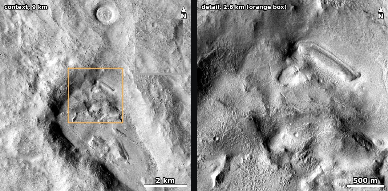 Context and close-up of an elongated, round-ended rim on an old crater floor at 30.13°N 23.87°E